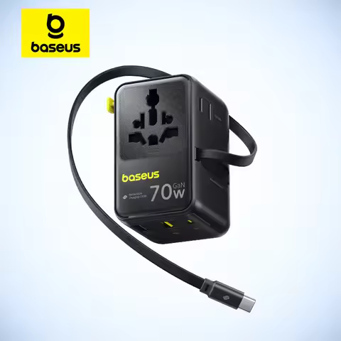 Baseus 70W GaN Charger Universal Travel Adapter EU/UK/USA/AUS Built in 70W Retractable Cable 2AC 2 U