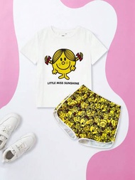 Mr Men Little Miss X SHEIN 少女卡通字母圖形t恤&amp;短褲