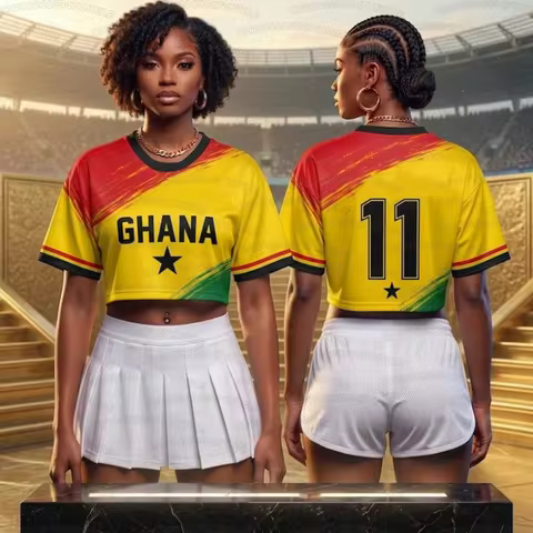 Summer 2026 New Women's GHANA Print Jersey Round Neck Short Sleeve Jersey Cheerleaders Crop Top T-sh