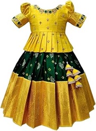 Kids, Yellow-Green Art Silk Jecquard South Indian Style Pavdai Pattu Lehenga Choli for Kids, From 12 Months - 8 Years