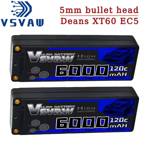 VSVAW 7.6V 120C 6000mAh Lipo Battery 2S RC Lipo Battery with 5mm Bullet Dean-Style T Plug for RC Car
