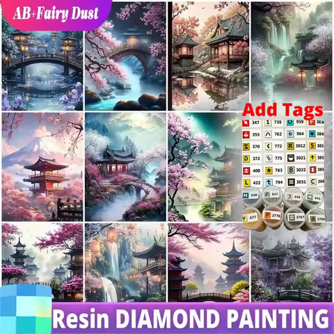 Resin Fairy Dust AB Diamond Painting DIY Diamond Painting House Pavilion Scenery Full Drill Embroide