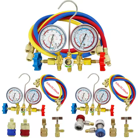 AC Manifold Gauge Set for R12, R22, R404A, R134a w/ Hoses & Hook - 3-Way A/C Diagnostic Tool