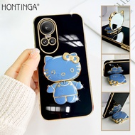 Hontinga Casing Case For OPPO Reno10 Reno 10 Pro 5G Reno11 Reno 11 Pro Reno 11F F 5G Case With Hello Kitty Stand Fashion Solid Color Luxury Chrome Plated Soft TPU Square Phone Case Full Cover Camera Protection Casing Anti Gores Rubber Cases For Girls