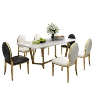 ⭐Affordable⭐designer unique new stainless steel golden dining room set with marble table and 6 leath