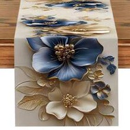 1pc Elegant Tablecloth With Golden Trim & Blue Floral Design - Rectangular Indoor/Outdoor Decor For 