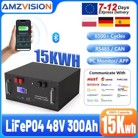 LiFePO4 48V 300Ah Battery Pack 15Kwh 6500+ Cycles 16S 51.2V Bluetooth RS485 CAN PC Monitor BMS 150Ah