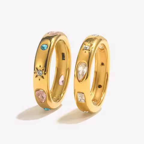 E.B.belle Rectangular Water Droplet Geometric Zircon Ring Hypoallergenic 18K Gold Plated 316L Stainl