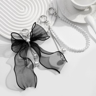 Sweet and Cool Gothic Style White Imitation Pearl Keychain Black Lace Mesh Bow Keychain Pendant Wome
