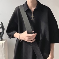 STAR FRUIT เสื้อยืดแขนสั้นผู้ชาย Waffle Half Zip Lapelเสื้อยืดหลวมฤดูร้อน