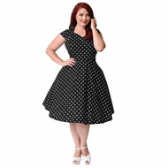 Women Plus Size Retro Polka Dot Dress 1950s 60s Rockabilly Swing Dress A-Line Party Midi Dress Black