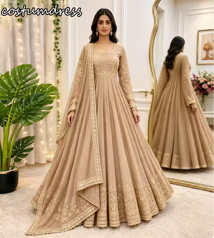 Pakistani Anarkali Ethnic Evening Dress With Dupatta Champagne Plus Size Indian Prom Dresses Appliqu