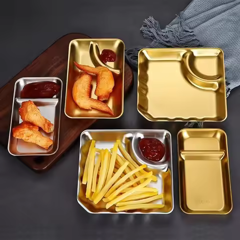 Stainless Steel Compartmentalized Snack Plate Gold Fried Chicken Sauce Dessert Bread Tray Silver wit