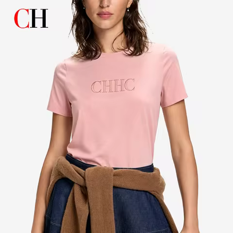 CH Women Pink Embroidery Letter T-Shirt Short Sleeve Crew Neck Casual Cotton Tee Daily Wear Office T