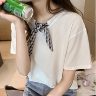 🚓Summer New Korean Style Rhombus Lace-up Bow round NeckTT-shirt Women's Short-Sleeved Top T-shirt Bottoming Shirt Fashio