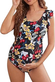 Maternity Swimsuits 1 Piece Ruffles Deep V Neck Bathing Suit Halterneck Pregnancy Swimwear Backless 