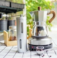 ชุดเตา iMix ต้มกาแฟ เตามินิ 500w + กามอคค่าพอท moka pot สีเงิน ลายไม้แบบหนา 6cup/300ml