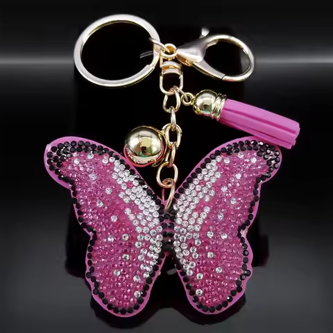 Y2K Pink Butterfly Keychains for Women Girl Rhinestone Gold Color Metal Keyring Jewelry Lady Fashion