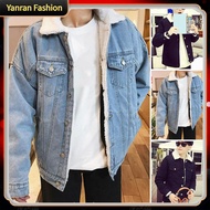 Button Closure Men Jacket Men Denim Jacket Mens Denim Jacket with Warm Velvet Lining Trendy Outerwea