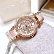 MK6110 Michael Kors 正品手錶Mini Parker 三眼 晶鑽 玫瑰金 粉色錶帶 女錶 33mm