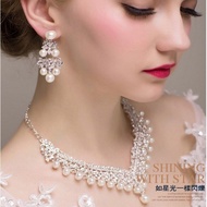 HZP Fashion New Bride Pearl Necklace Earrings Women Jewelry Set Rhinestone Pearl Necklace earrings f