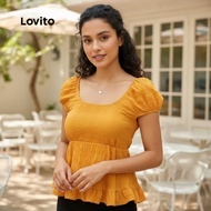 (trendy4)Lovito Boho Blouse Plain Ruffle Hem Summer/Spring Blouse for Women L132ED655 Lovito Blaus B
