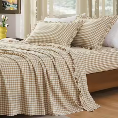 4 Pieces Plaid Ruffle King Size Sheets Set, Cotton Gingham King Sheet Set Linen Feel Comfy Breathabl