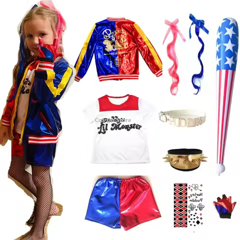 Kids Girls Harley Cosplay Costumes Quinn Monster Jacket T Shirt Pants Christmas Halloween New Year P