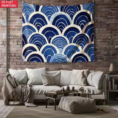unframed Blue Wave Pattern Japanese Style Wall Tapestry Geometric Art Decor Ocean Design Boho Home D