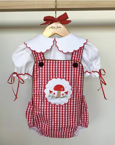0-6Y Baby Girl Summer Mushroom Embroidery Red Plaid Outfit Suit for Party Birthday Holiday Christmas