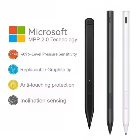4096 Pressure Slim Pen 2 for Eraser & Palm Rejection Thin Stylus for Surface Pro 11/10/9/8/7 Laptop 