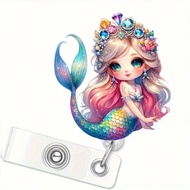 2D Flat Acrylic Mermaid Badge Reel - Retractable ID Card Holder With 2D Shiny Extendable Lanyard, Su