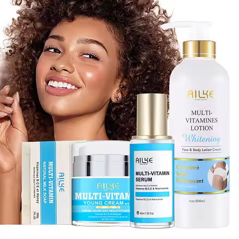 AILKE Multi Vitamin Brightening Skin Care Set, With Vitamin C E B5, Hydrating, Anti Dark Spots, Wrin