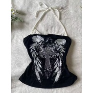 Women Subcultural Wings Skull Printed Tank Top y2k Fake Two piece Strap Top