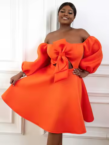 Aomei Ball Gowns Dress for Women Plus Size Orange Off Shoulder Cut Out A-Line Summer Wedding Guest E