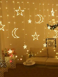 1條4米120顆led星月形掛簾裝飾燈串,適用於室內牆面,窗戶,節日派對月光燈串裝飾