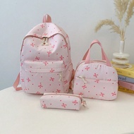 3pcs Nylon Bow Print Backpack Set,Foldable Multi-Po Cket Large CapacityWater-Resistant Zipper Backpa