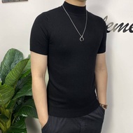 YINZI ชายครึ่งคอเต่าแขนสั้นเสื้อกันหนาวเกาหลี Slim สีทึบถักเสื้อยืดแฟชั่นเดรสยาวหน้าร้อน