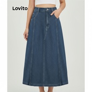Lovito Denim Skirt Kasual Poket Basic untuk Wanita Musim Panas/Musim Bunga L37AD066