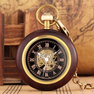 Vintage Wood Open Face Roman Numbers Men Women Handwind Mechanical Pocket Watch Chain