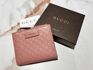 GUCCI 經典壓紋真皮logo粉色短夾