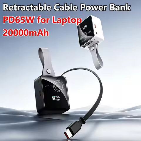 Power Bank 20000mAh Portable PD 65W Fast Charging Type C Retractable Cable Powerbank for Laptop iPho