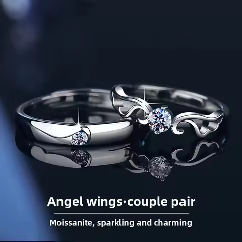 S925 Sterling Silver 0.5ct Moissanite Couple Rings - Angel Wings Series Adjustable