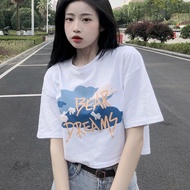 Women's White Loose T-Shirt, Casual Summer Printed Crop Top, Black Short Sleeve T-Shirt for Students