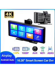 Jiaboer V8rk 10.26英寸高清4k 3840*2160p汽車行車記錄器攝像頭,adas防護,wifi,fm收音機,app,手機無線,無線android Auto,雙攝像頭錄製,170°廣角,支援最大128g記憶卡