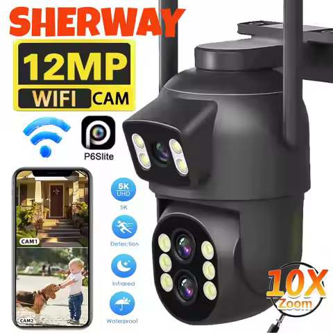 12MP Wifi Dual Lens Outdoor Camera 10X Zoom HD Dual Screens PIZ IP Camera Night Vision Security Prot