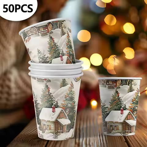50pcs, Christmas Disposable Paper Cups, 9oz/250ml Eco Cups, Disposable Drinking Cups, Coffee Cups, D