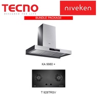 (Hood + Hob) Tecno KA 9980 (90cm) High-suction Chimney Cooker Hood + Tecno T 928TRSV 2 Burner Tempered Glass Cooker Hob