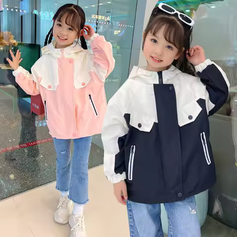 Teenager Girls Jacket Spring Autumn Fashion Patchwork Coat Casual Loose Kids Top Children Hooded Clo