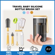 🚀[SG] Travel Baby Silicone Bottle Brush Set/ 6 in 1 Bottle Cleaner Kit/ Feeding Bottle Cleaning Set/ With Drain Rack